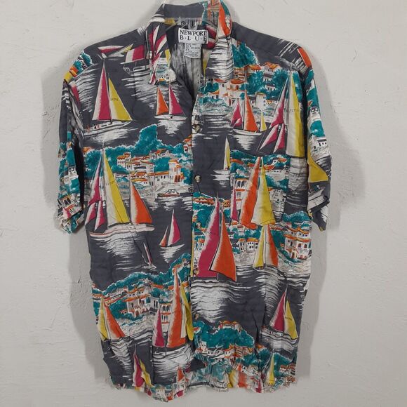 Newport Blue Adult Mens S Short Sleeve Button Up Sailboat Print Hawaiin Shirt - Picture 1 of 8